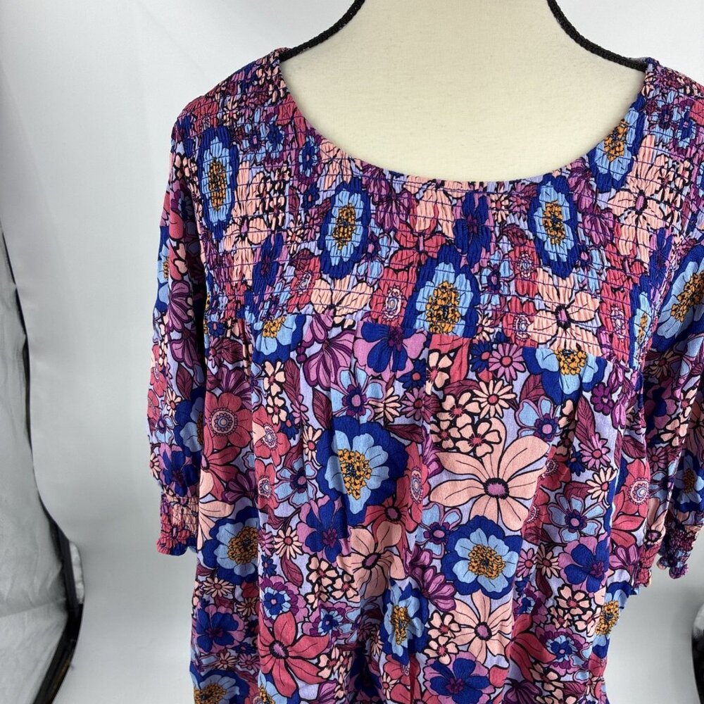 Terra & Sky Womens 1X Floral Boho Blouse Smocked Top Plus Size Multicolor - Picture 2 of 7